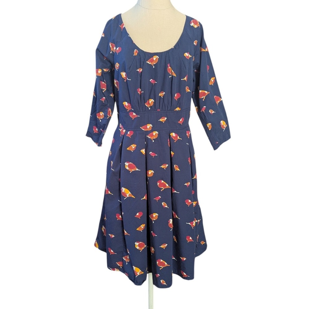 eShakti Navy Blue Bird Print Cotton Fit & Flare Dress Custom Smocked Pockets